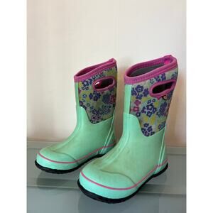 Bogs insulated pull on winter snow rain boots floral teal girls 1 big kids -30F
